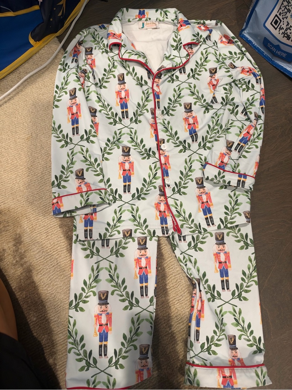 Boys Nutcracker Print Pajama Set - White & Green- Boots and Bows
